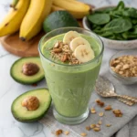 Delicious avocado banana smoothie in a glass, topped with fresh banana slices.