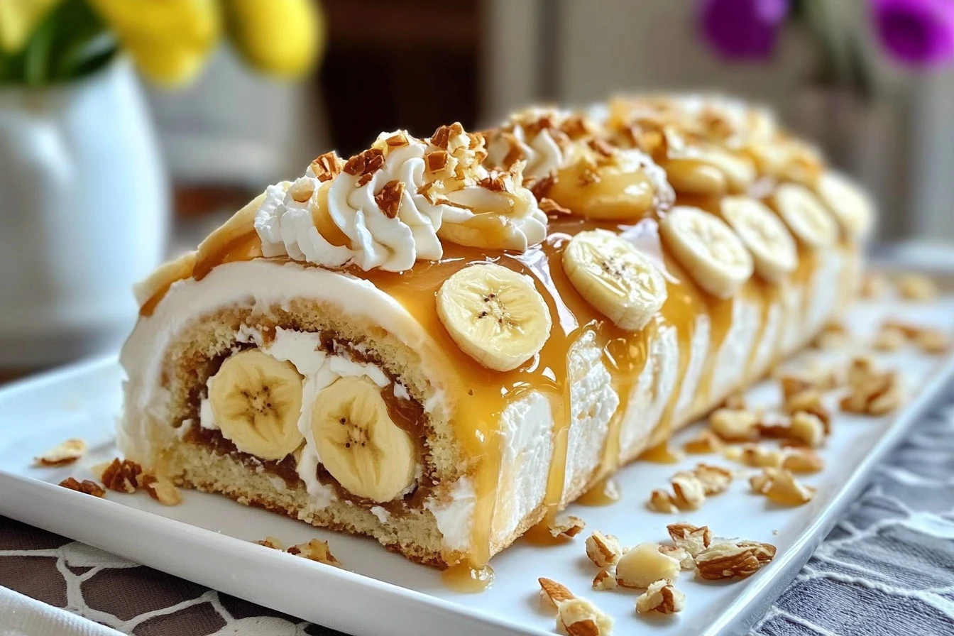 Delicious banana caramel roll topped with caramel sauce and sliced bananas.