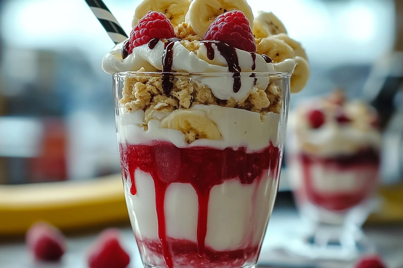 Creamy banana split milkshake topped with whipped cream and cherries