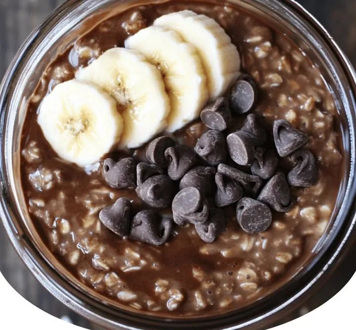 Bowl of brownie batter overnight oats topped with chocolate chips and nuts.