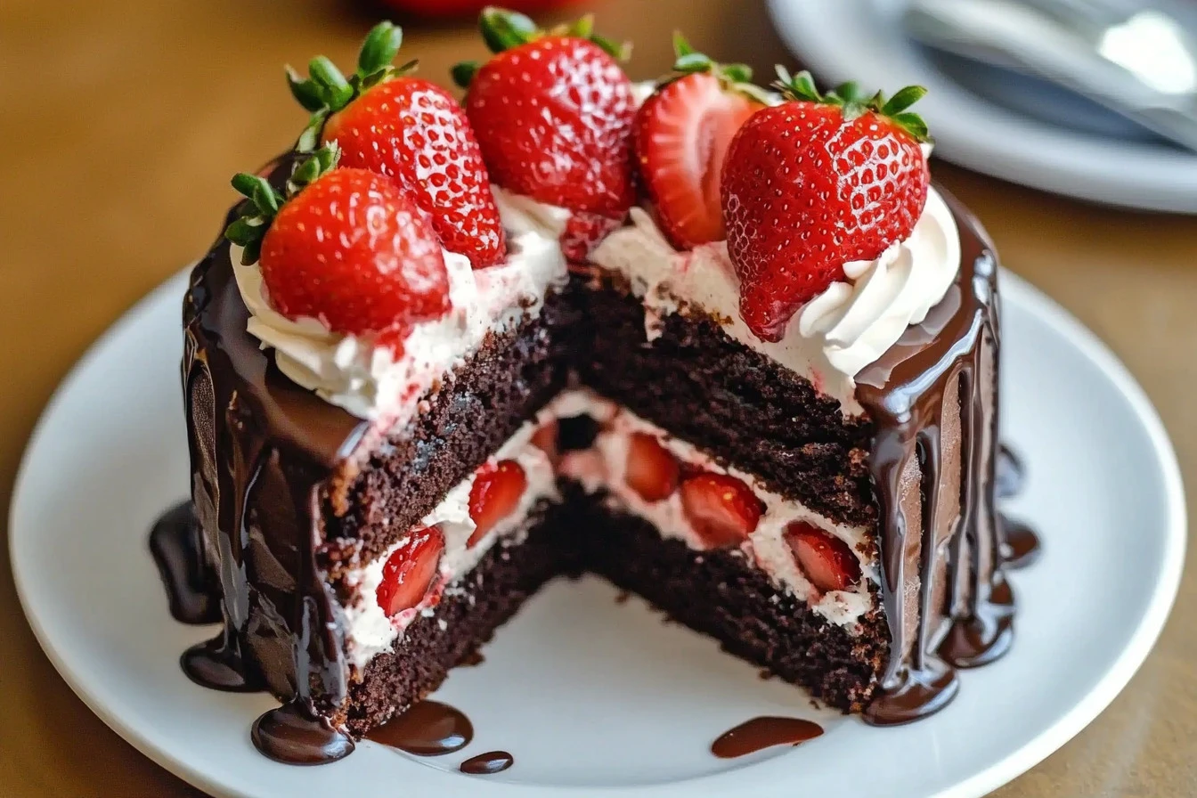 Delicious chocolate cake layered with fresh strawberry filling
