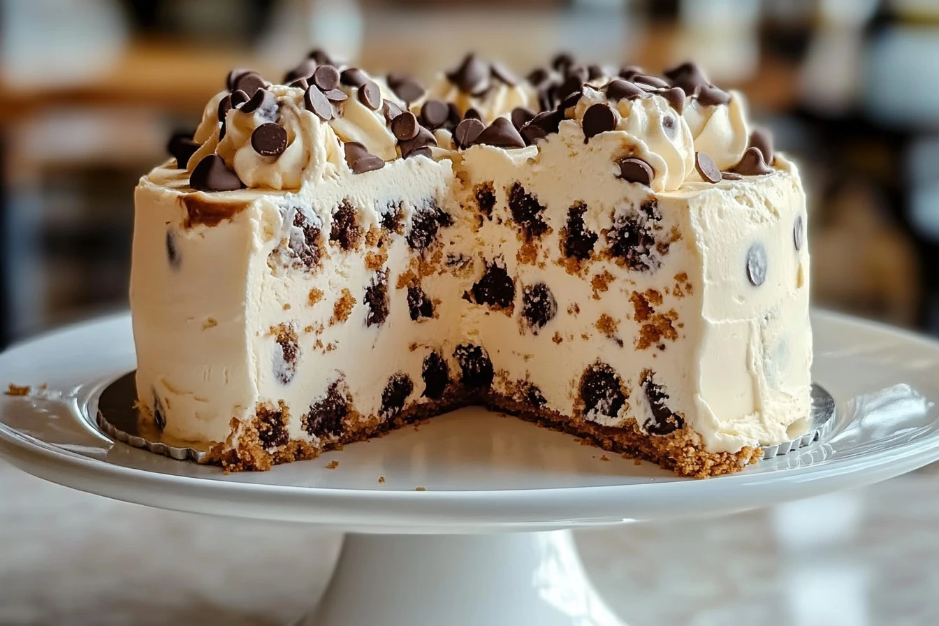 Delicious chocolate chip cookie dough ice cream cake served on a decorative plate