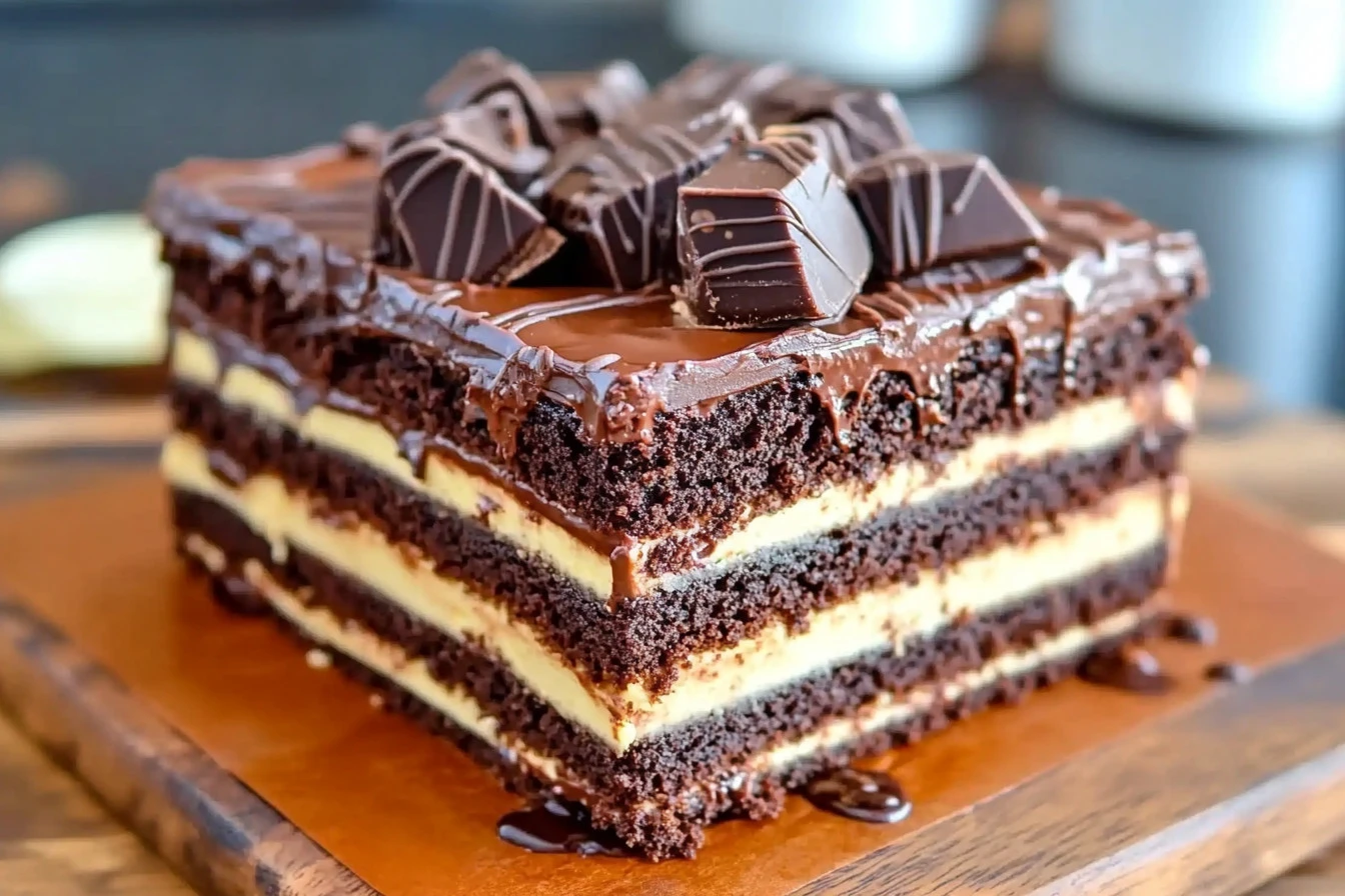 Decadent Chocolate Fudge Layered Cake with rich chocolate frosting.