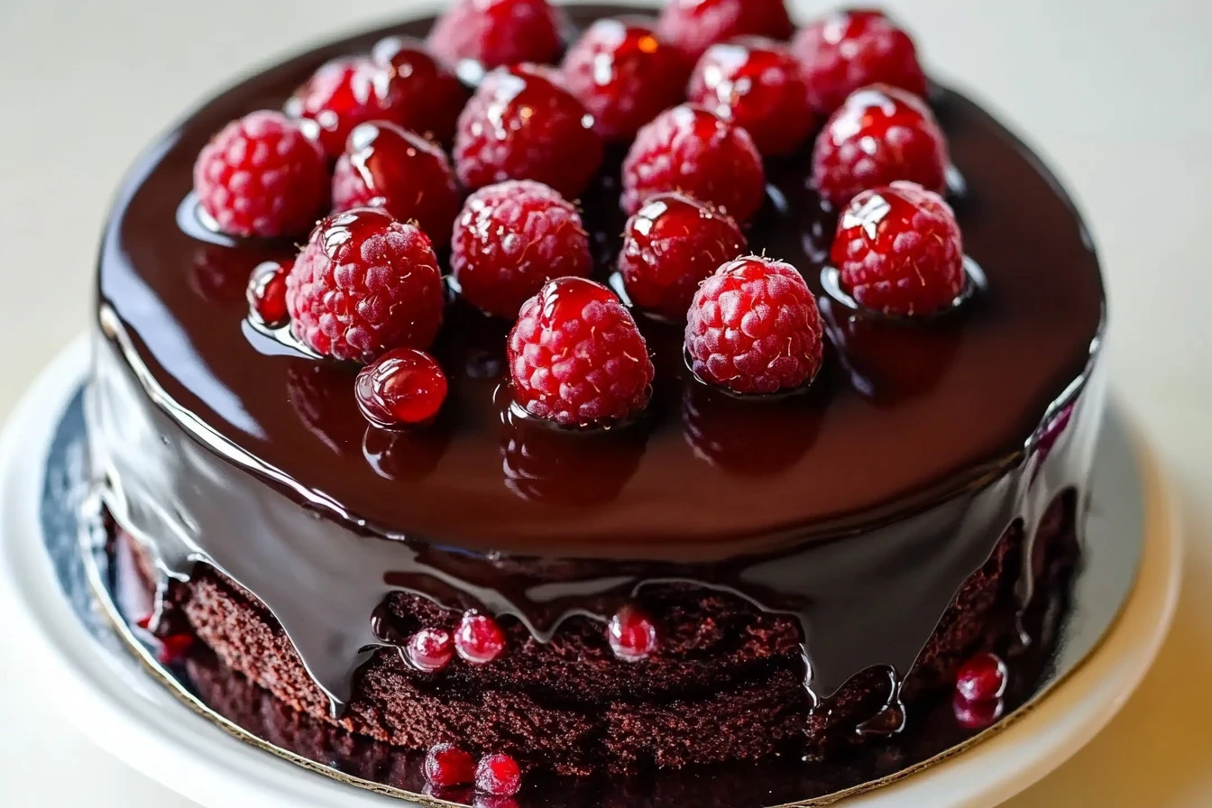 Decadent Chocolate Raspberry Truffle Cake with fresh raspberries and chocolate ganache.