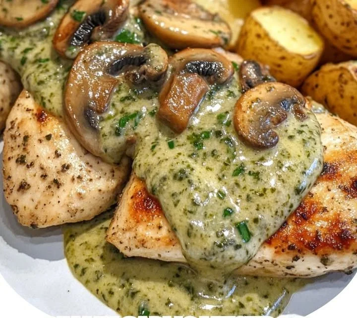 Creamy Garlic Mushroom Chicken served with roasted potatoes and basil pesto.