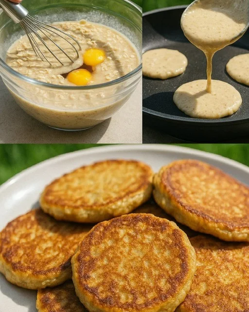 Flourless vanilla oatmeal pancakes stacked with syrup on top