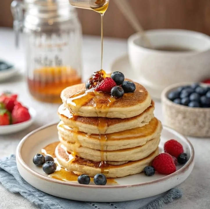 Fluffy pancakes stacked high with fresh berries on top