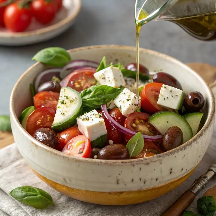 Delicious Greek Salad with tomatoes, cucumbers, olives, and feta cheese.