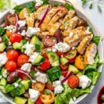 Delicious grilled chicken salad with fresh vegetables and dressing