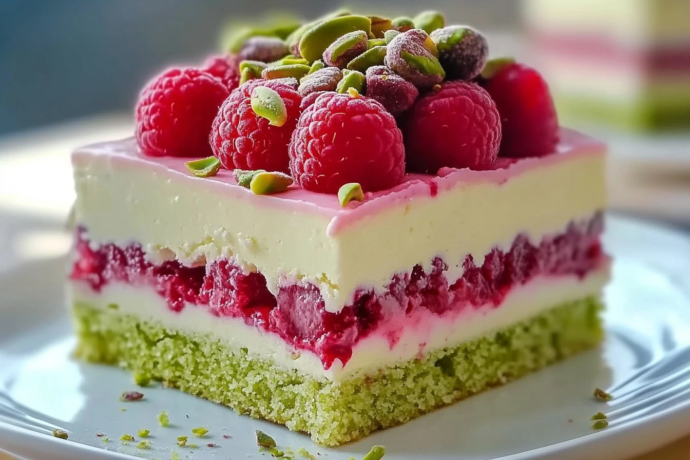 Heavenly pistachio raspberry cake with creamy frosting and fresh berries.