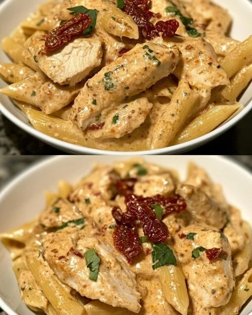 Herb Chicken Pasta with Sun-Dried Tomato Cream garnished with fresh herbs