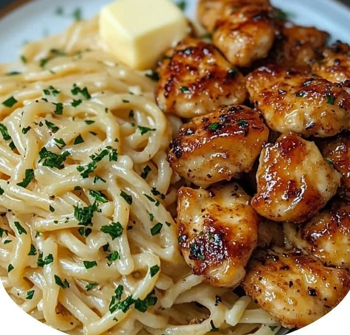 Lemon Garlic Butter Chicken with Creamy Parmesan Linguine on a plate