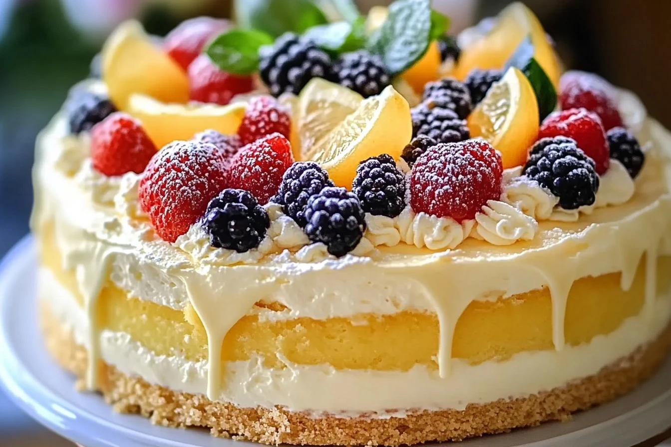 Slice of Limoncello Mascarpone Cake with lemon zest on a plate