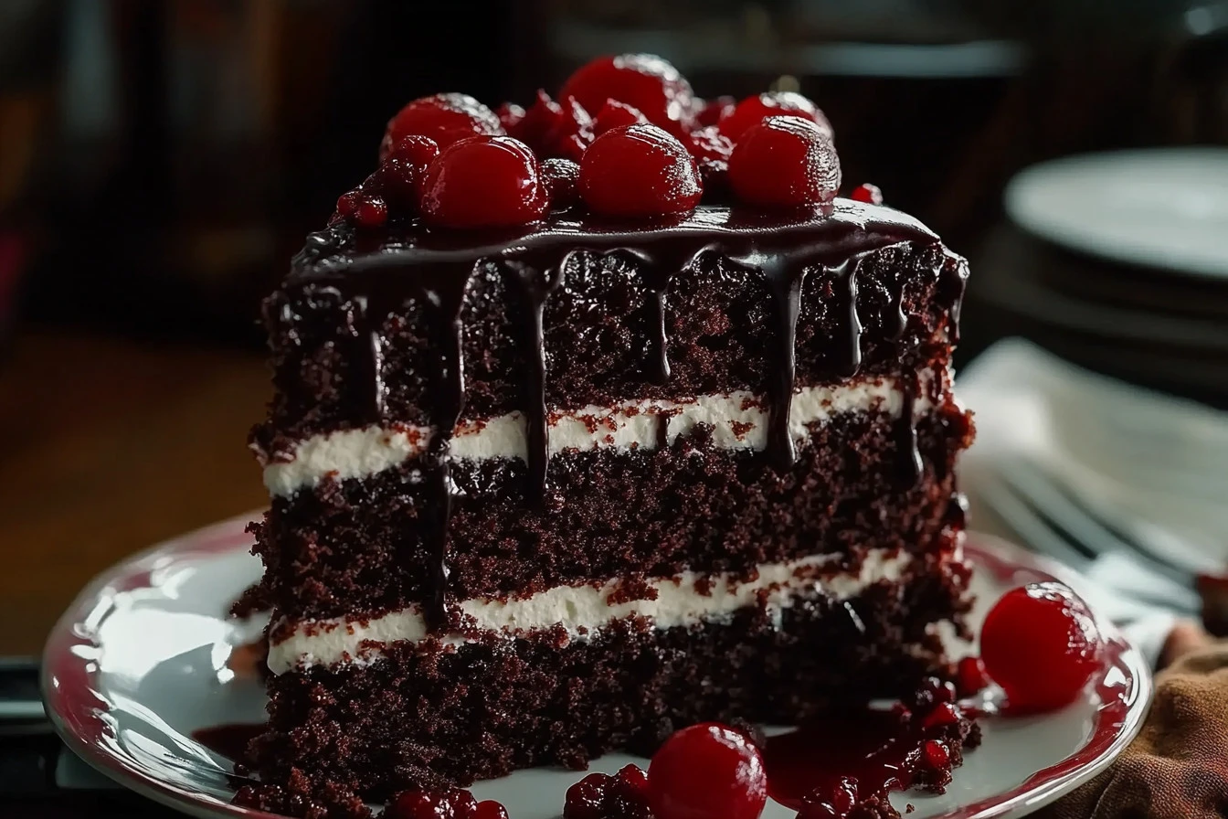 Luxurious black forest cake with chocolate layers, cherries, and whipped cream