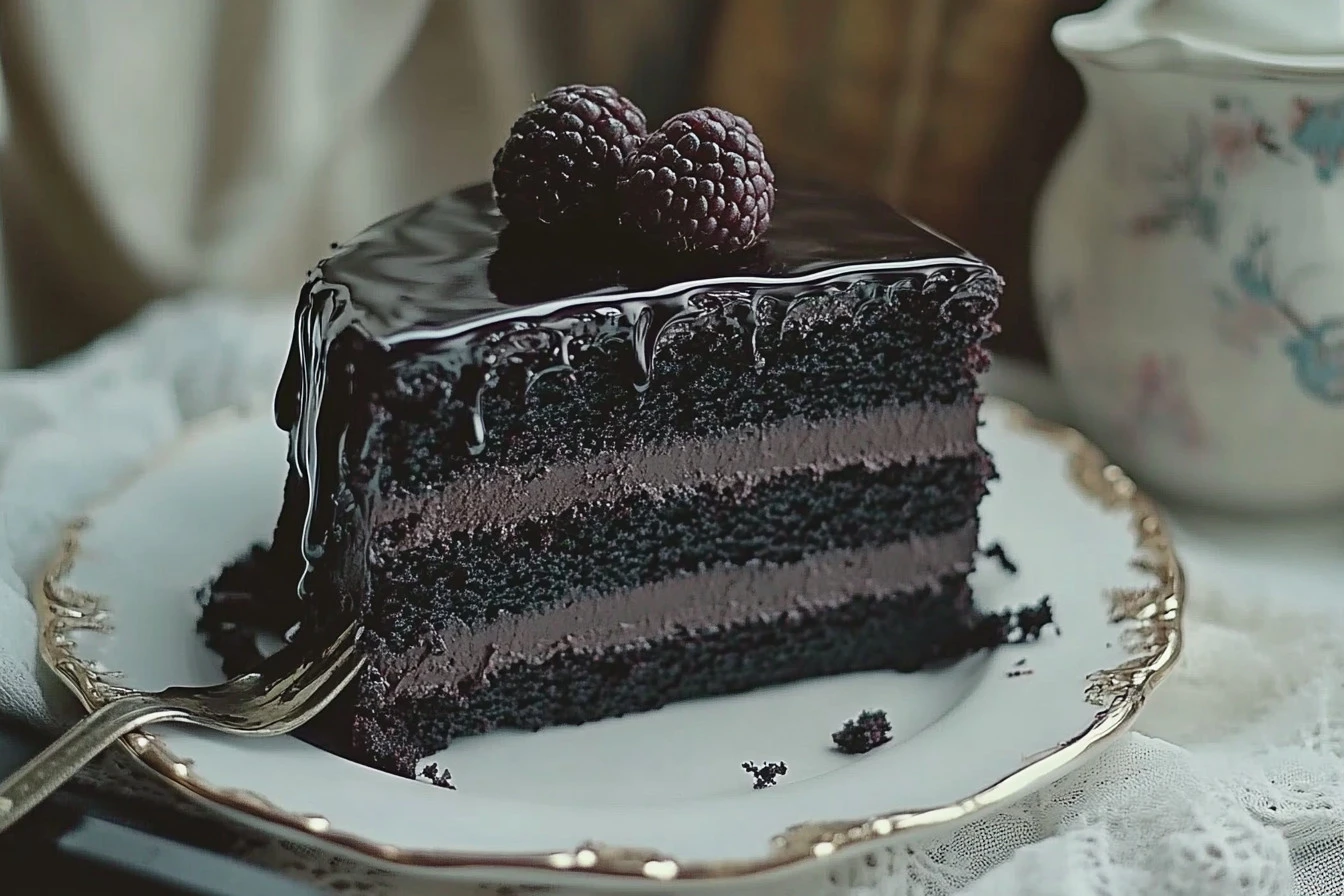 Slice of luxurious black velvet cake topped with cream cheese frosting