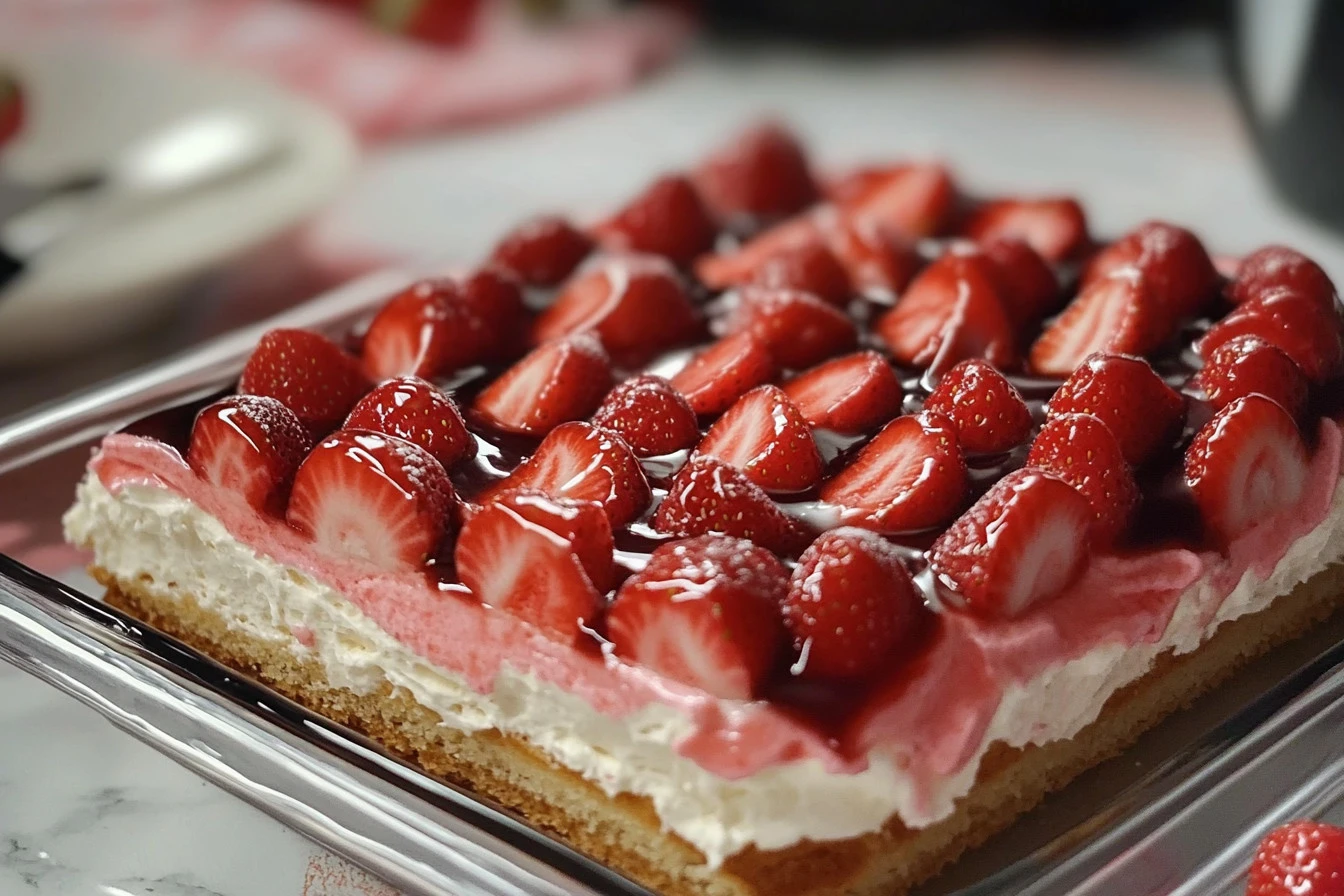 Strawberry Eclair Cake topped with fresh strawberries and cream