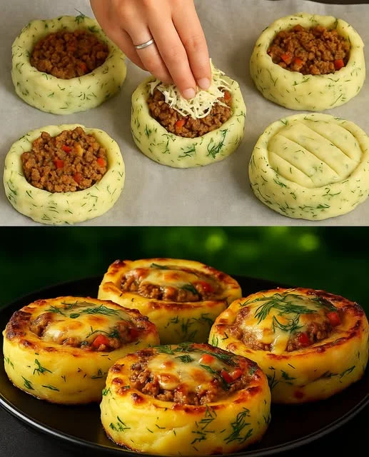 Delicious stuffed mashed potato nests topped with herbs and spices