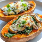 Loaded sweet potato skins with spinach, mushroom, and feta cheese