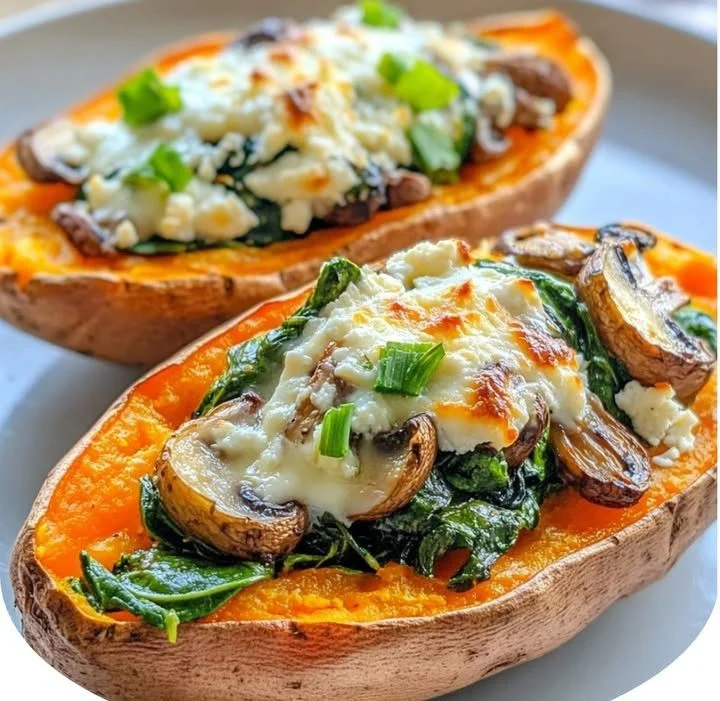 Loaded sweet potato skins with spinach, mushroom, and feta cheese