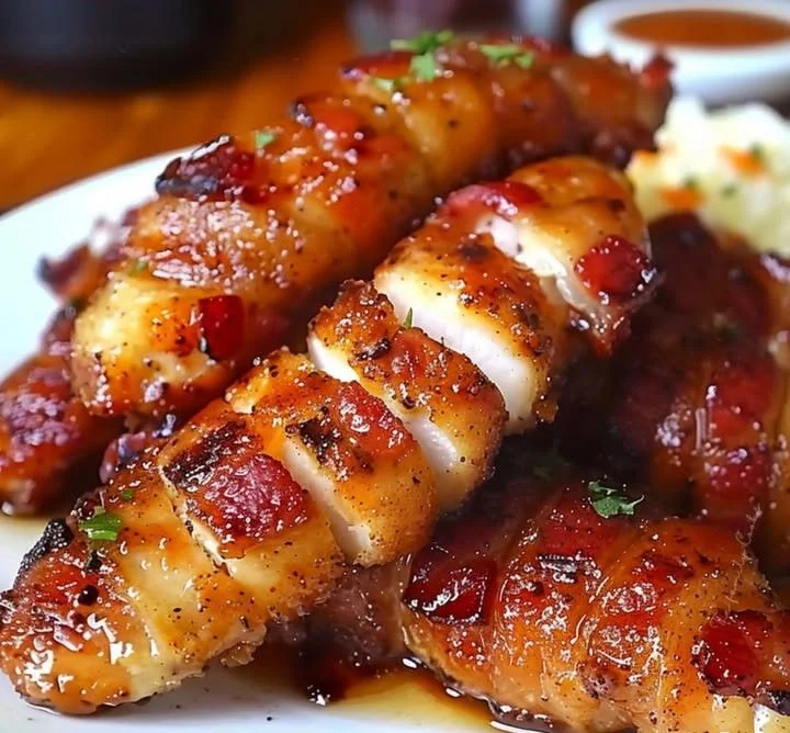 Delicious Bacon Brown Sugar Chicken Tenders served on a plate