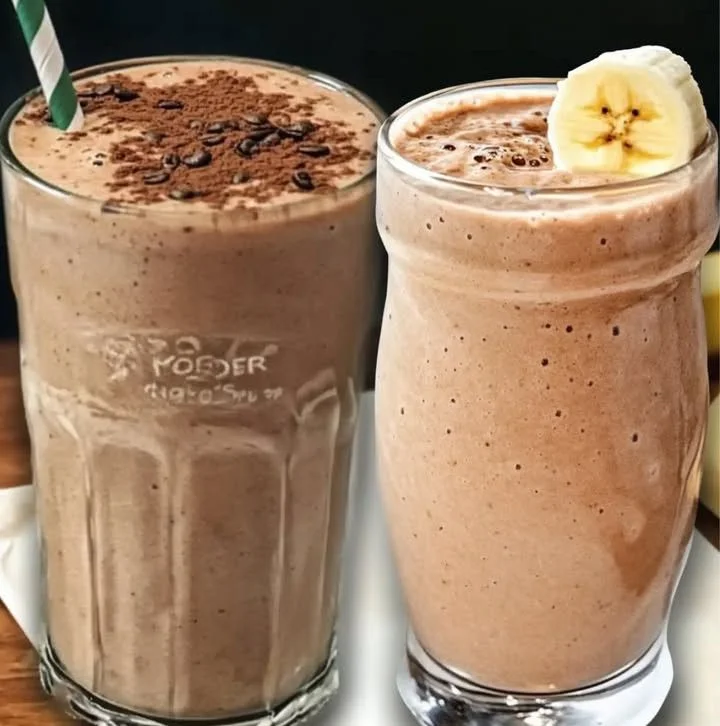 A refreshing Banana Coffee Smoothie in a glass, topped with banana slices.
