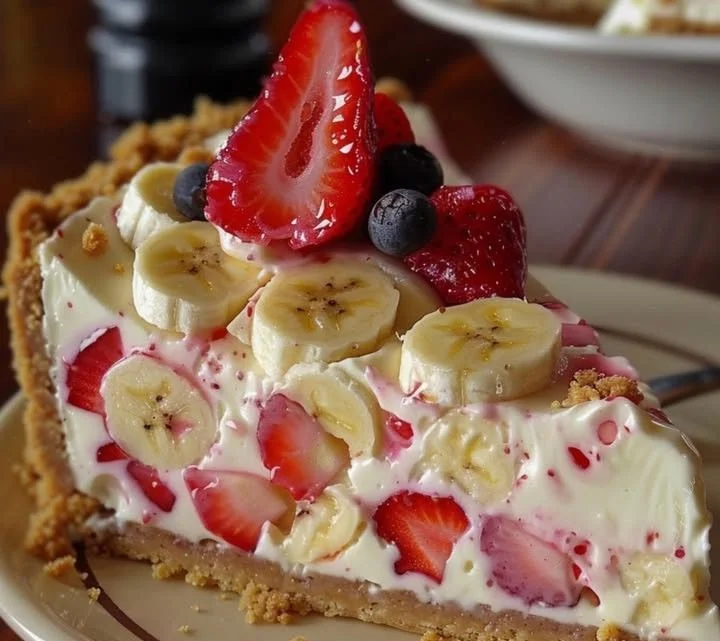 Delicious slice of Banana Strawberry Cheesecake topped with fresh strawberries and banana slices