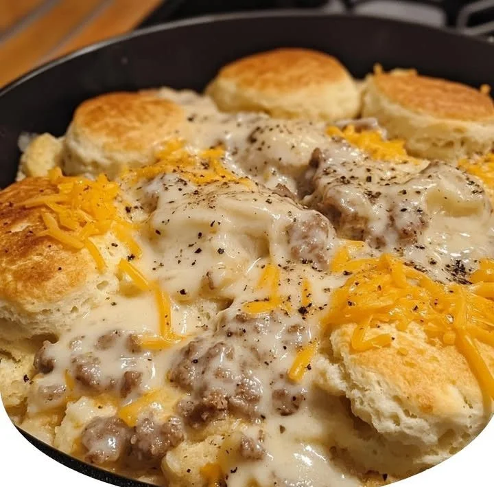Biscuits and gravy hashbrown casserole dish served on a plate