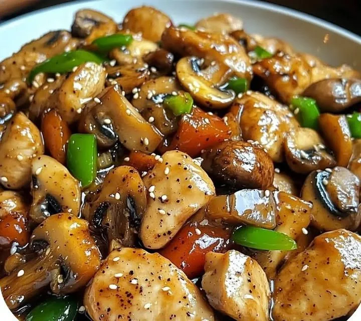 Delicious Black Pepper Chicken with mushrooms ready to be served