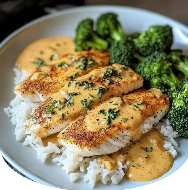 Cajun creamy Tuscan fish dish garnished with herbs and spices