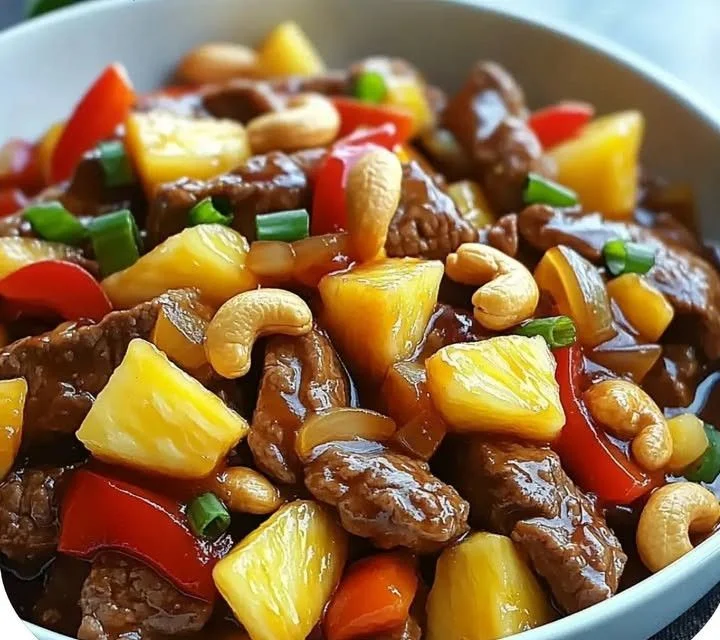 Delicious cashew beef with pineapple served on a plate