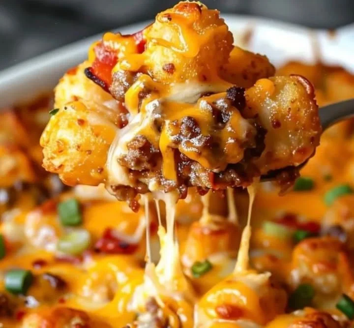 Delicious cheeseburger tater tot casserole served in a baking dish.