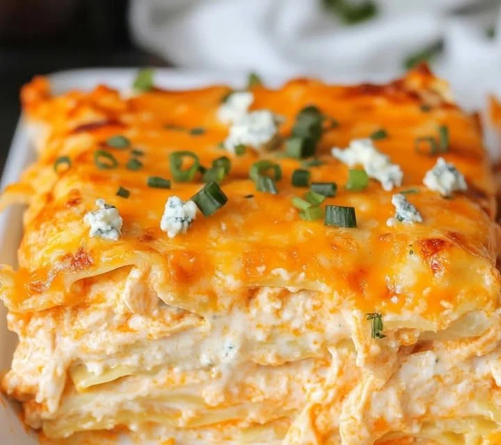 Cheesy Buffalo Ranch Chicken Lasagna with layers of chicken and cheese