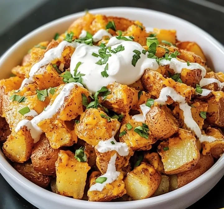 Delicious Cheesy Fiesta Potatoes topped with melted cheese and spices