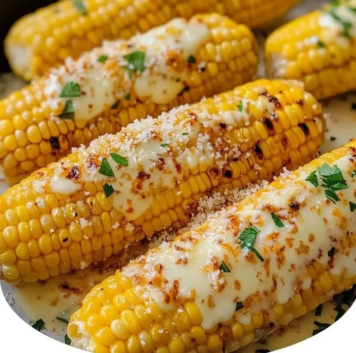 Cheesy garlic butter corn served in a bowl, topped with herbs.