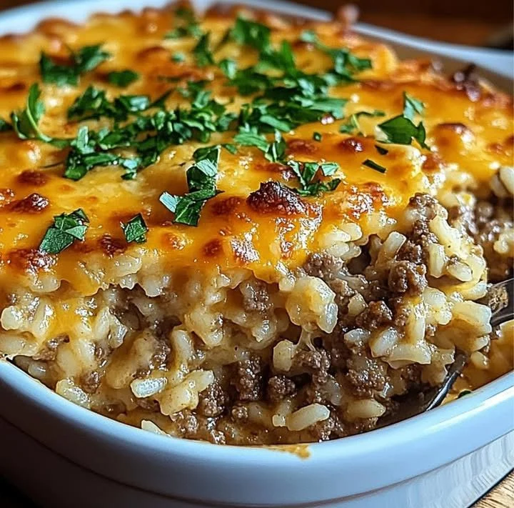 Cheesy Ground Beef Rice Casserole served in a dish with a spoon