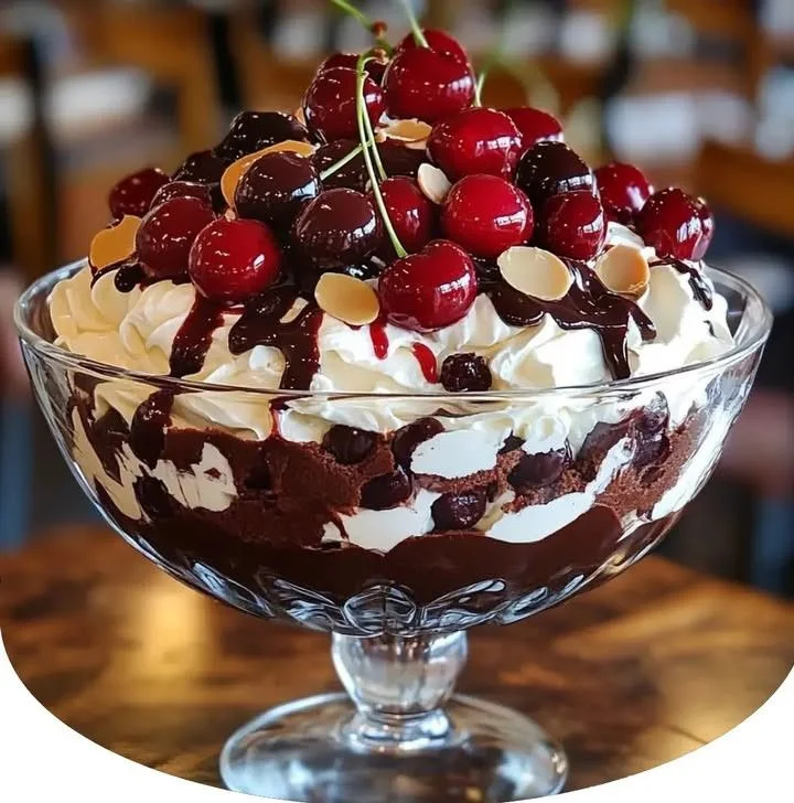 Delicious cherry chocolate trifle with layers of chocolate and cherries