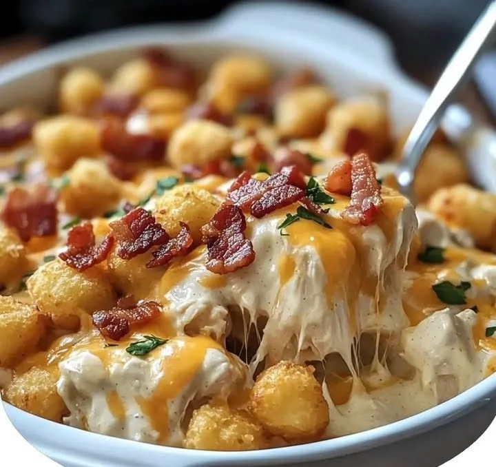 Tasty Chicken Bacon Ranch Tater recipe topped with cheese and crispy bacon