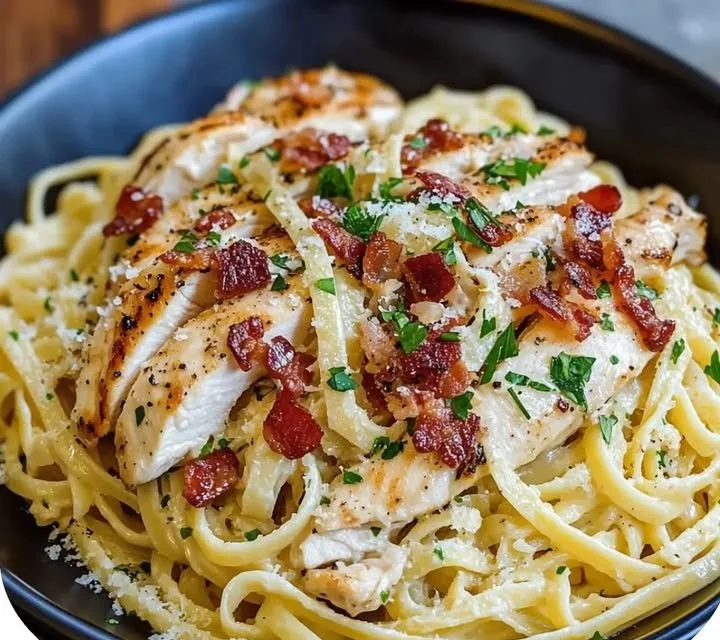 Creamy Chicken Carbonara with crispy bacon topped with parmesan cheese