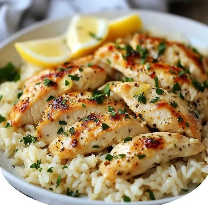 Delicious Chicken Scampi served with garlic rice on a plate