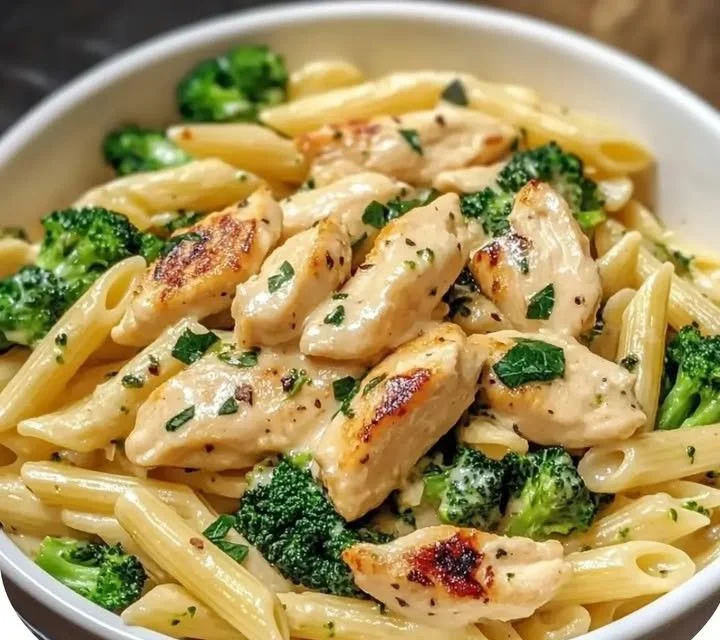 Creamy garlic chicken served with penne pasta in a delicious sauce