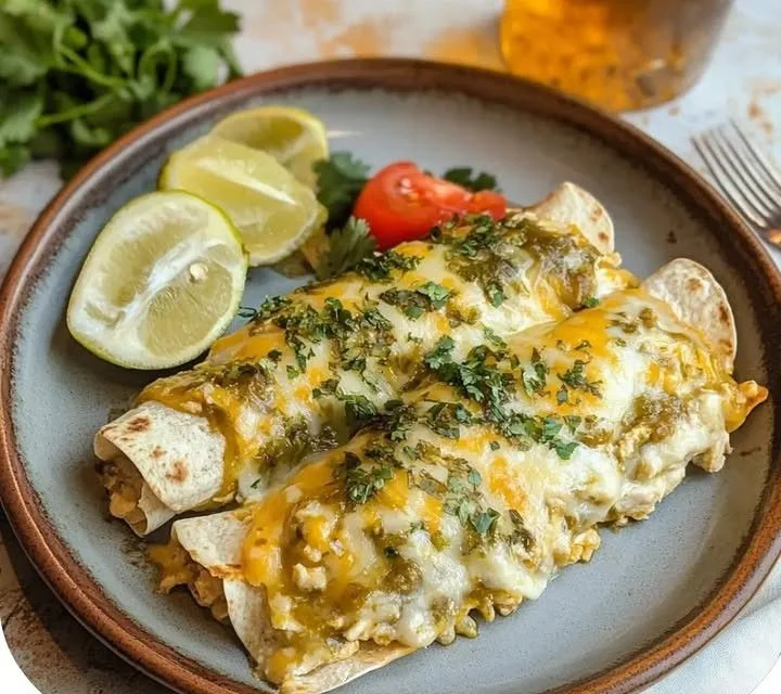 Delicious creamy green chile enchiladas topped with cheese and green sauce