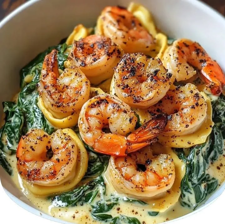 Creamy spinach tortellini with shrimp served in a bowl