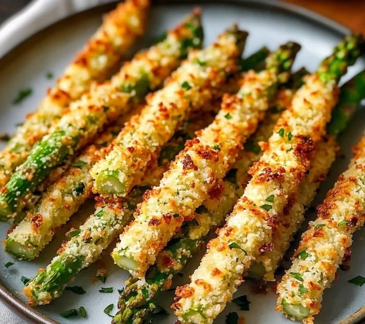 Crispy Parmesan asparagus sticks on a white plate garnished with herbs