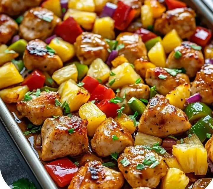 Plate of Easy Hawaiian Chicken with tropical ingredients and vibrant colors