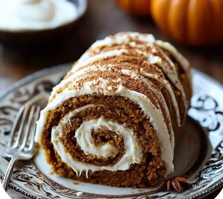Sliced easy pumpkin roll with cream cheese filling on a platter