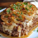 Delicious French Onion Meatloaf with melted cheese and caramelized onions