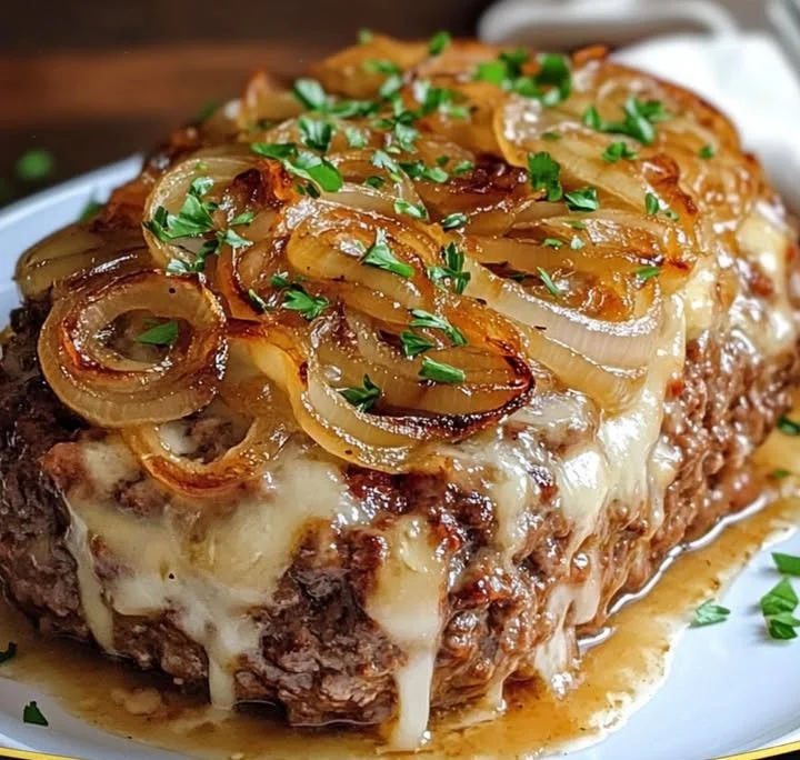 Delicious French Onion Meatloaf with melted cheese and caramelized onions
