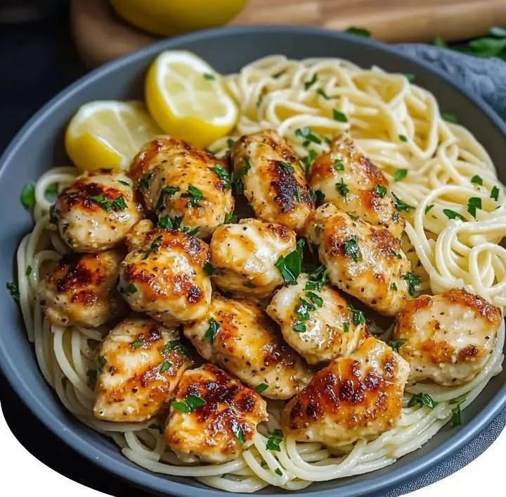 Delicious Garlic Butter Chicken Pasta served in a bowl with herbs and cheese.