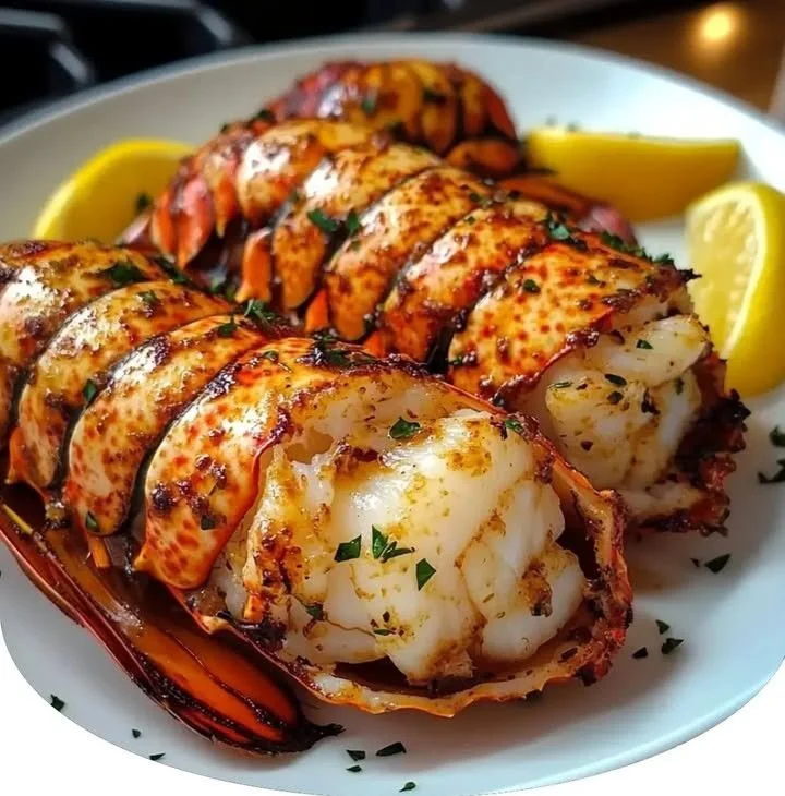 Delicious garlic butter lobster tails served with a lemon wedge.