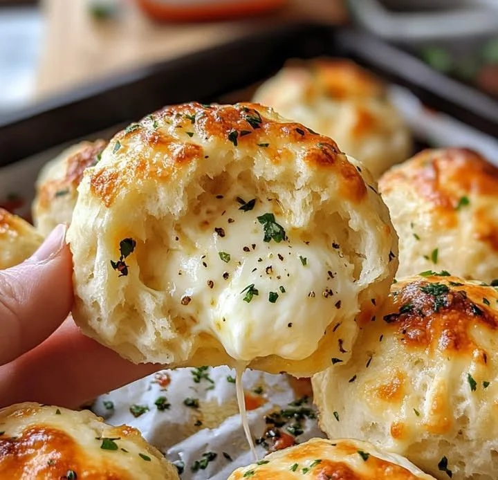Gooey mozzarella biscuit bombs topped with herbs and served hot.